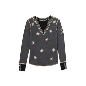 ALP N ROCK‎ Natasha Henley Embroidered Floral Gray Shirt XS Organic Heritage Ski